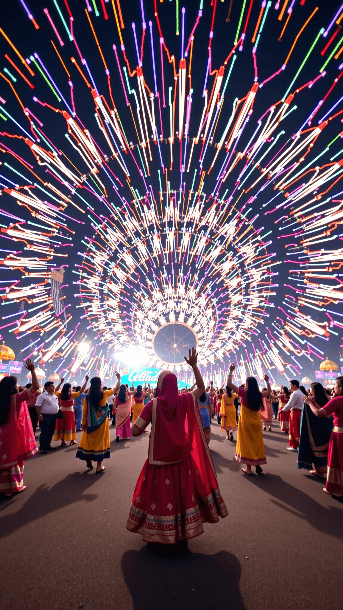 AI generated: A Bollywood dance scene across a wide festival plaza, performers caught in recursive glitch loops, d...
