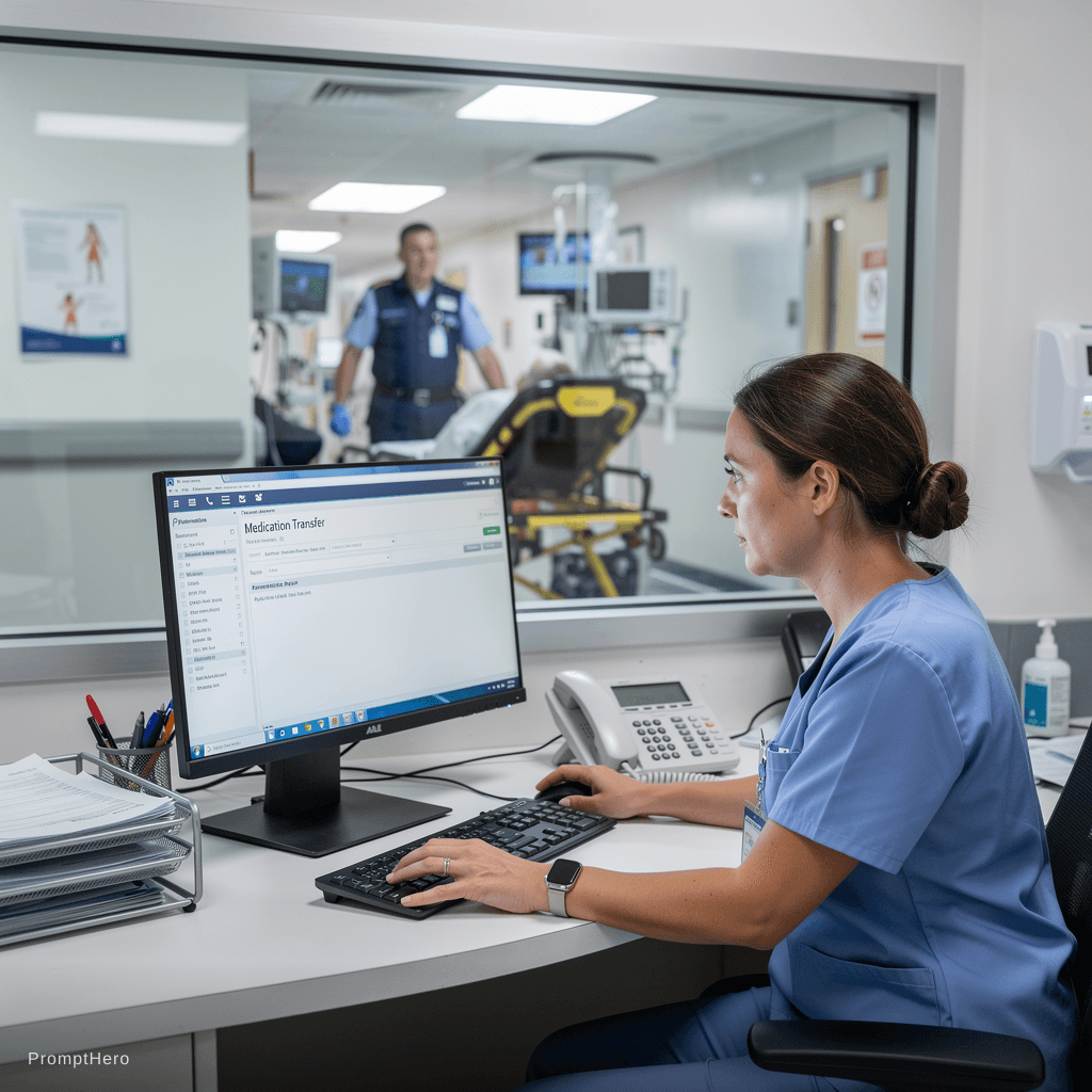 AI generated: a nurse sitting at the front desk of ER room and using a computer to evaluate the transfer medicatio...