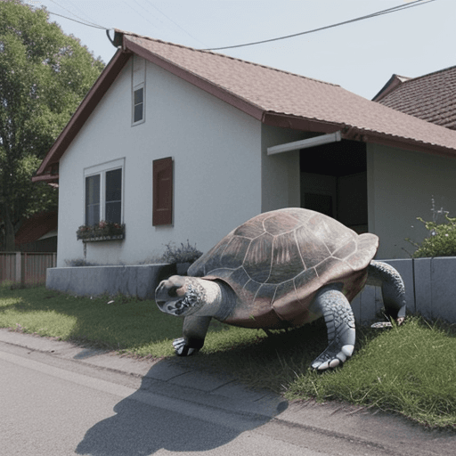 AI generated: turtle walking over a house, smiling
