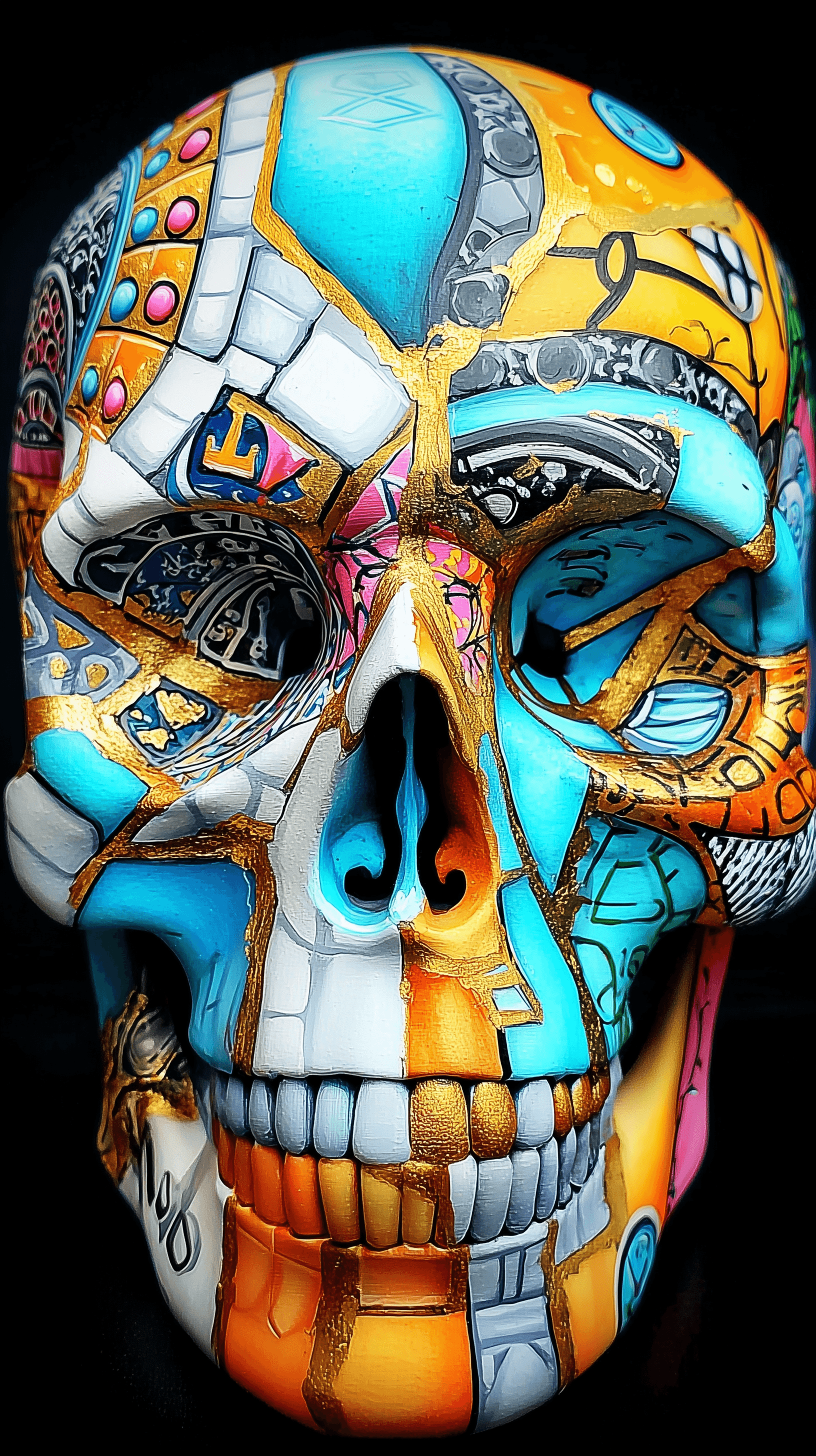 AI generated: macro photography, front central composition, surreal sculpture, human skull, integrated with clock ...