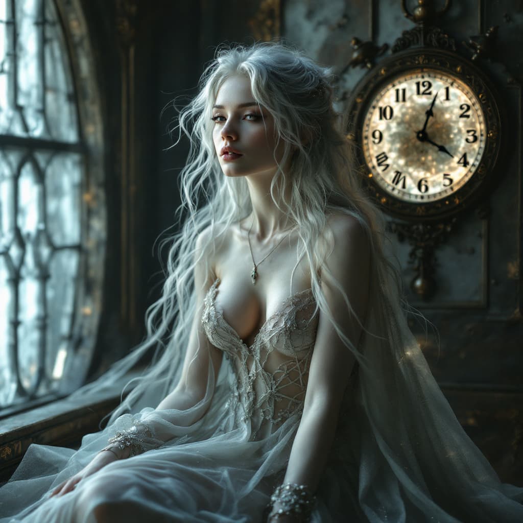 AI generated: An ethereal time warden, with silver hair that flows like liquid moonlight and skin that seems to sh...