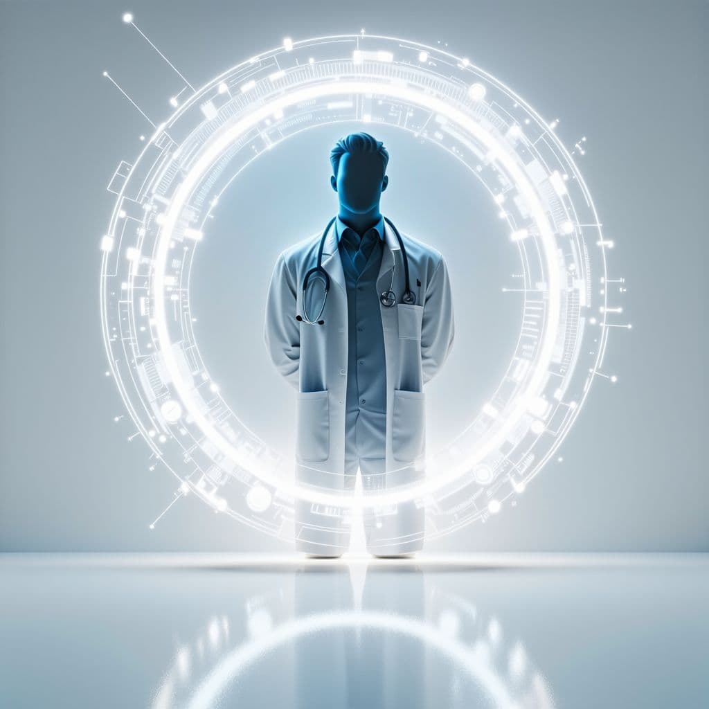 AI generated: Apple product launch poster aesthetic, abstract glowing digital circle connecting a doctor silhouett...