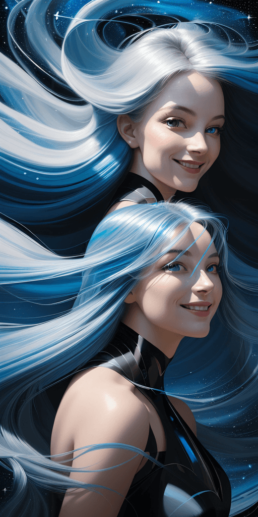 AI generated: The painting depicts a woman in cosmic flight, her hair flowing in the vacuum, eyes shimmering with ...