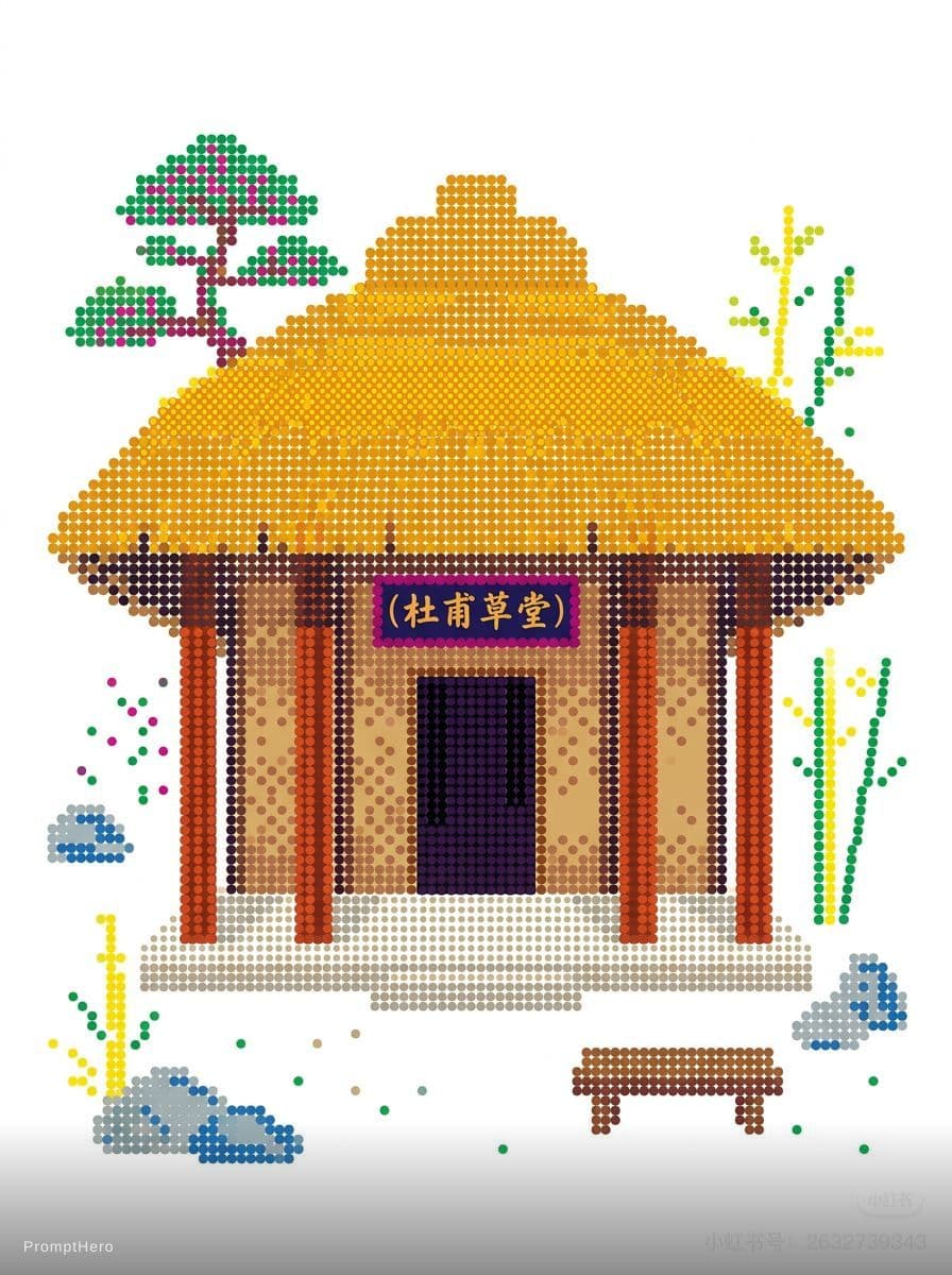 AI generated: (Du Fu's thatched cottage ), using dopamine colored dot matrix design, vector illustration, density ...