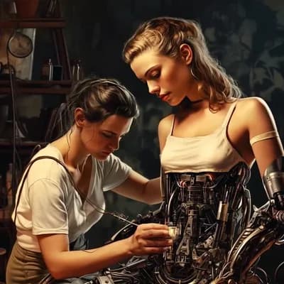 AI generated video: A woman scientist works on a female robot, they speak to each other, the camera slowly moves in 
