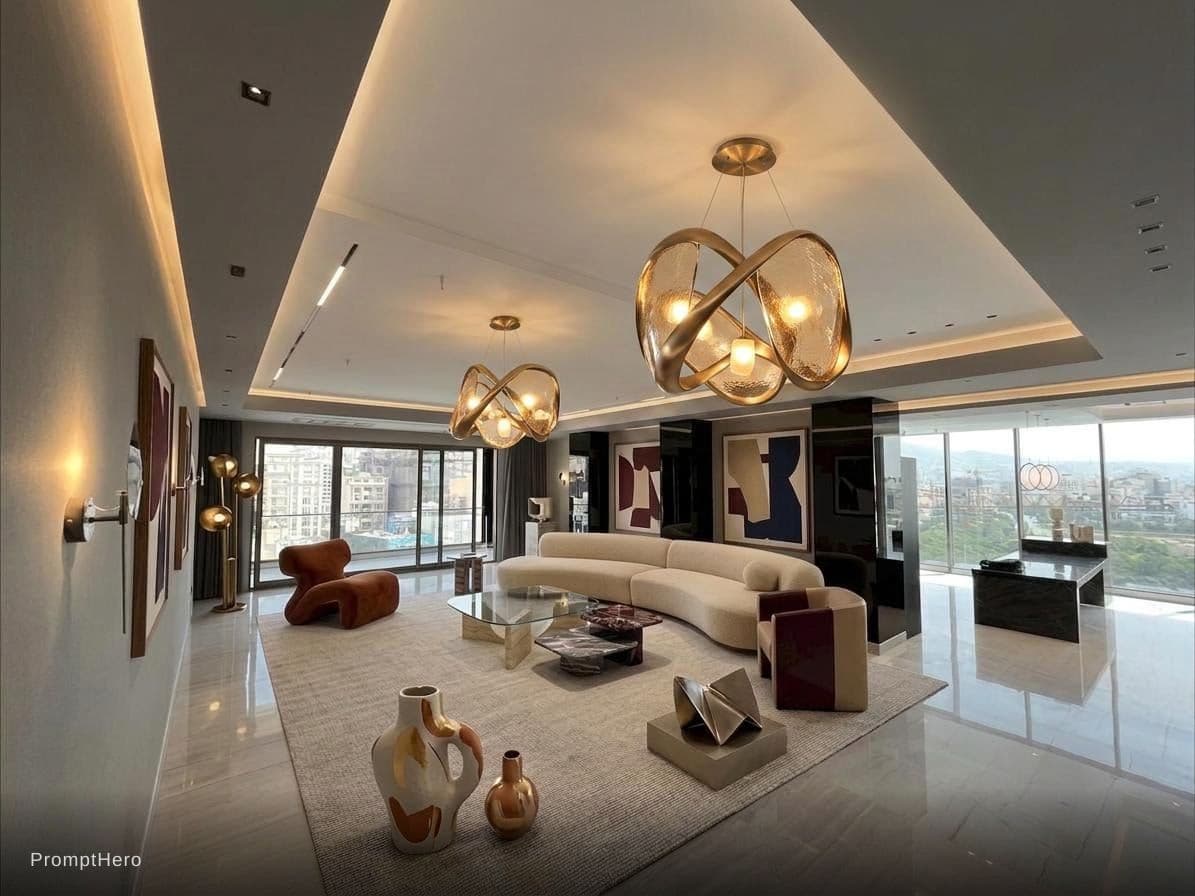 AI generated: Add two oversized sculptural pendant chandeliers with warm diffused light, contemporary Italian desi...