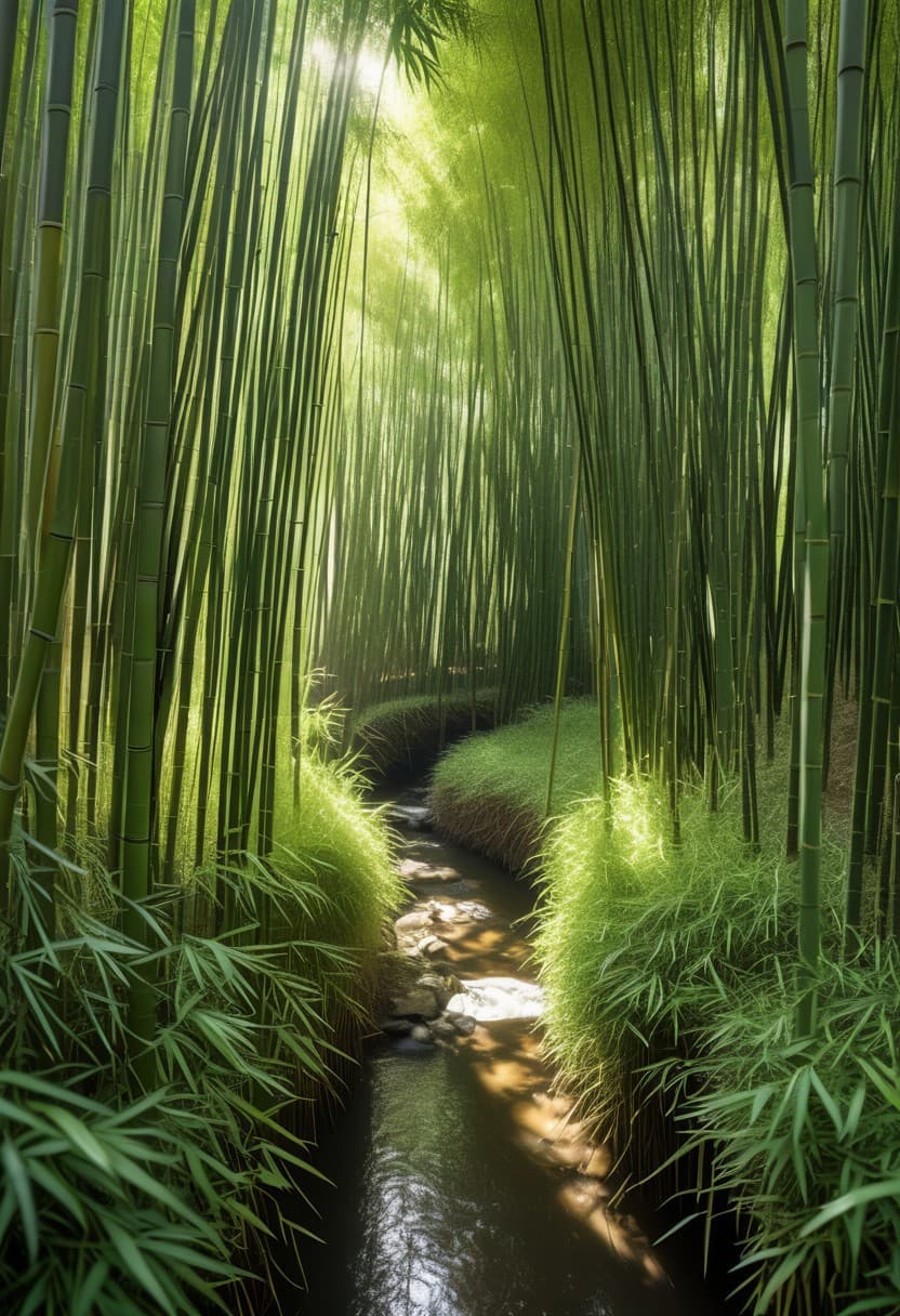 AI generated: A dense bamboo forest with tall, swaying bamboo canes and hidden paths winding through the thick und...