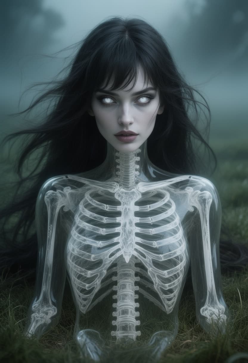 AI generated: create a full body portrait of a beautiful striking girl, laying on grass behind a dark foggy green ...