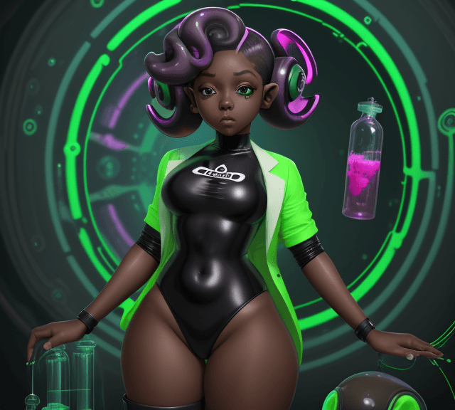 AI generated: octoling girl, adult, dark skin, thick thighs, chest, splatoon, futuristic tech, hypnosis, hypnotize...