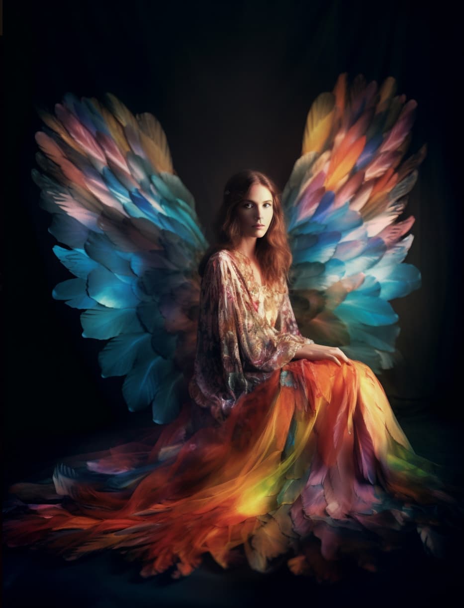 AI generated: a woman in a colorful dress sitting on the ground, spirit photography, huge highly detailed wings, l...