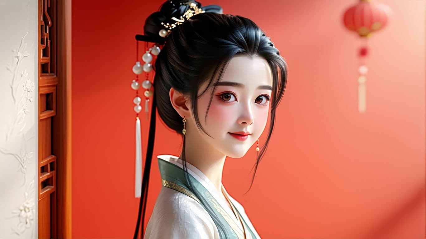 AI generated: 3D art, C4D, IP image, full-frontal portrait, a Chinese girl with black hair, wearing traditional Ch...