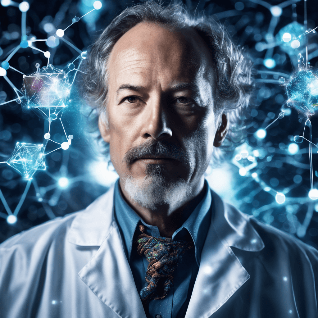 AI generated: A 50-year-old quantum physicist, adorned with a lab coat and surrounded by floating equations and gl...