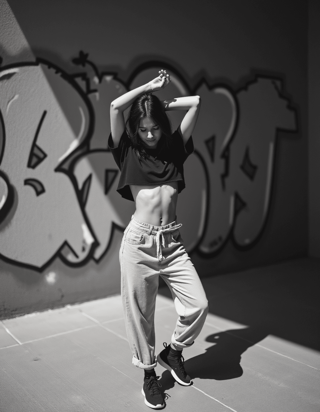 AI generated: Dynamic black and white portrait of a young woman wearing a tied crop top and loose joggers, dancing...