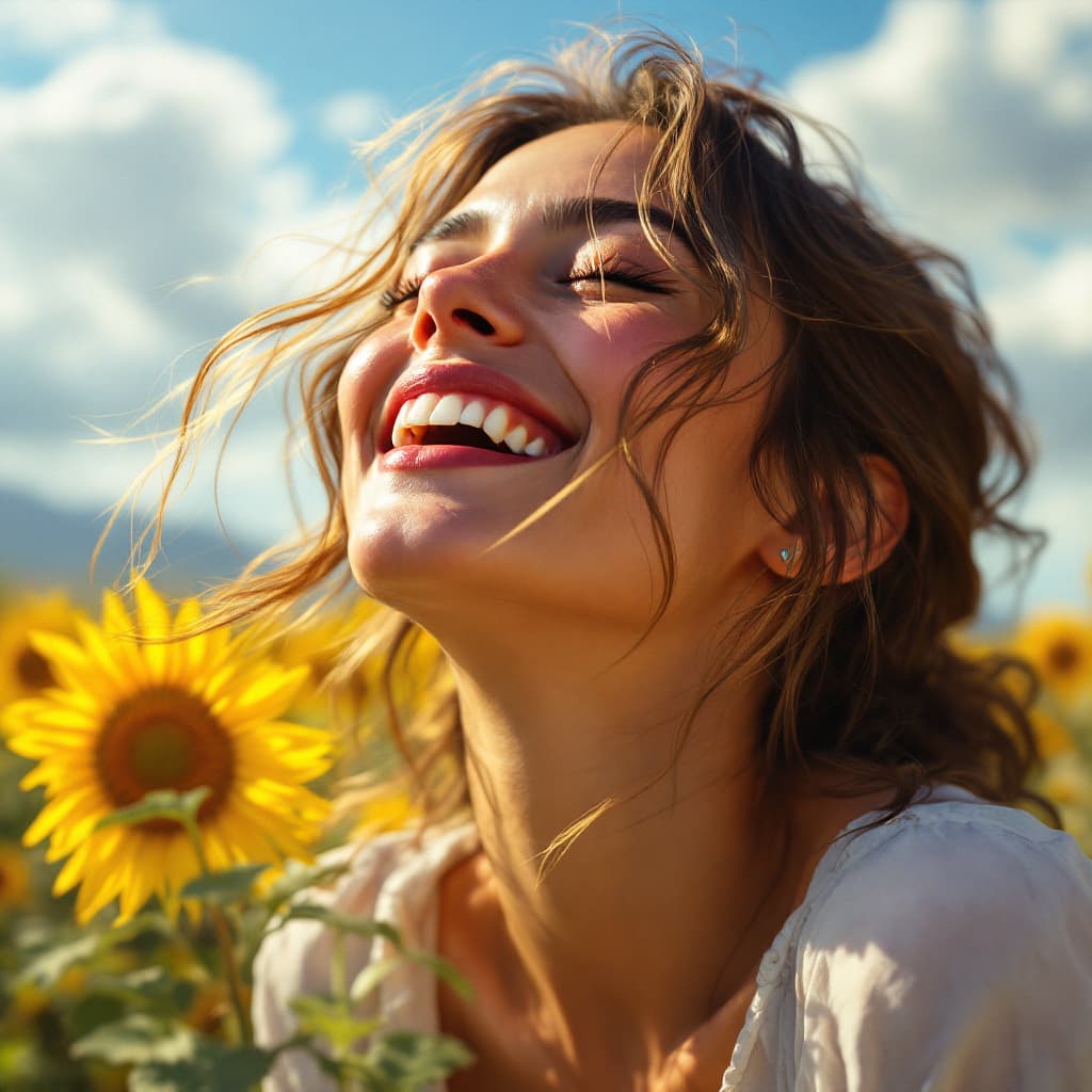 AI generated: ((best quality) ), ((masterpiece) ), ((realistic) ), (detailed) , portrait, Sunshine on my skin, Joy...