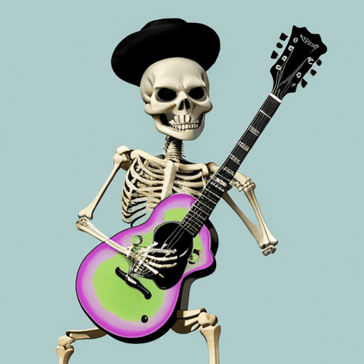 AI generated: Create an image of a skeleton playing a guitar. The skeleton should have a fun and joyful appearance...