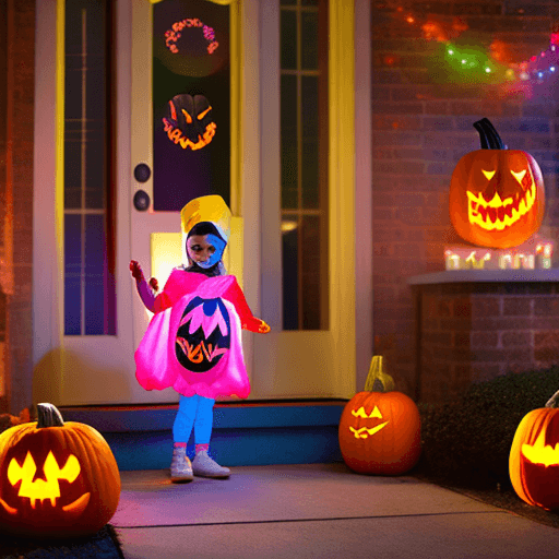 AI generated: "A young child in a fun and colorful Halloween costume, standing on a cozy, warmly lit porch at nigh...