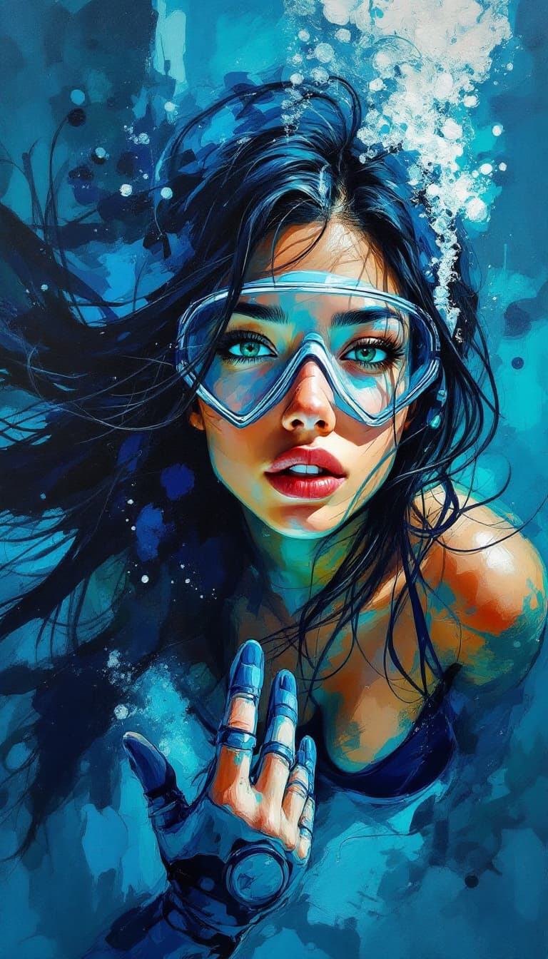 AI generated: "Oceanic Diver in Shifting Depths": A mesmerizing abstract painting captures the soul of a 24-year-o...