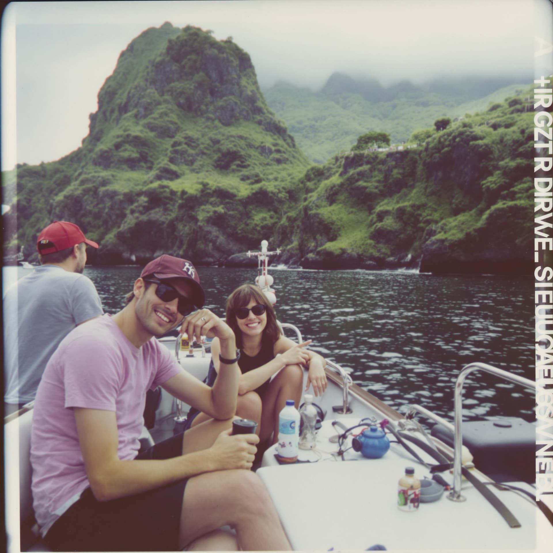 AI generated: boat tour, corporate retreat, azores islands, grainy picture, team building, polaroid