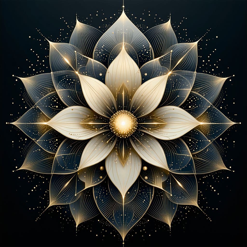 AI generated: "Ein symmetrisches, mandala-ähnliches Design in goldener Farbe, mit einer blütenartigen Form im Zent...