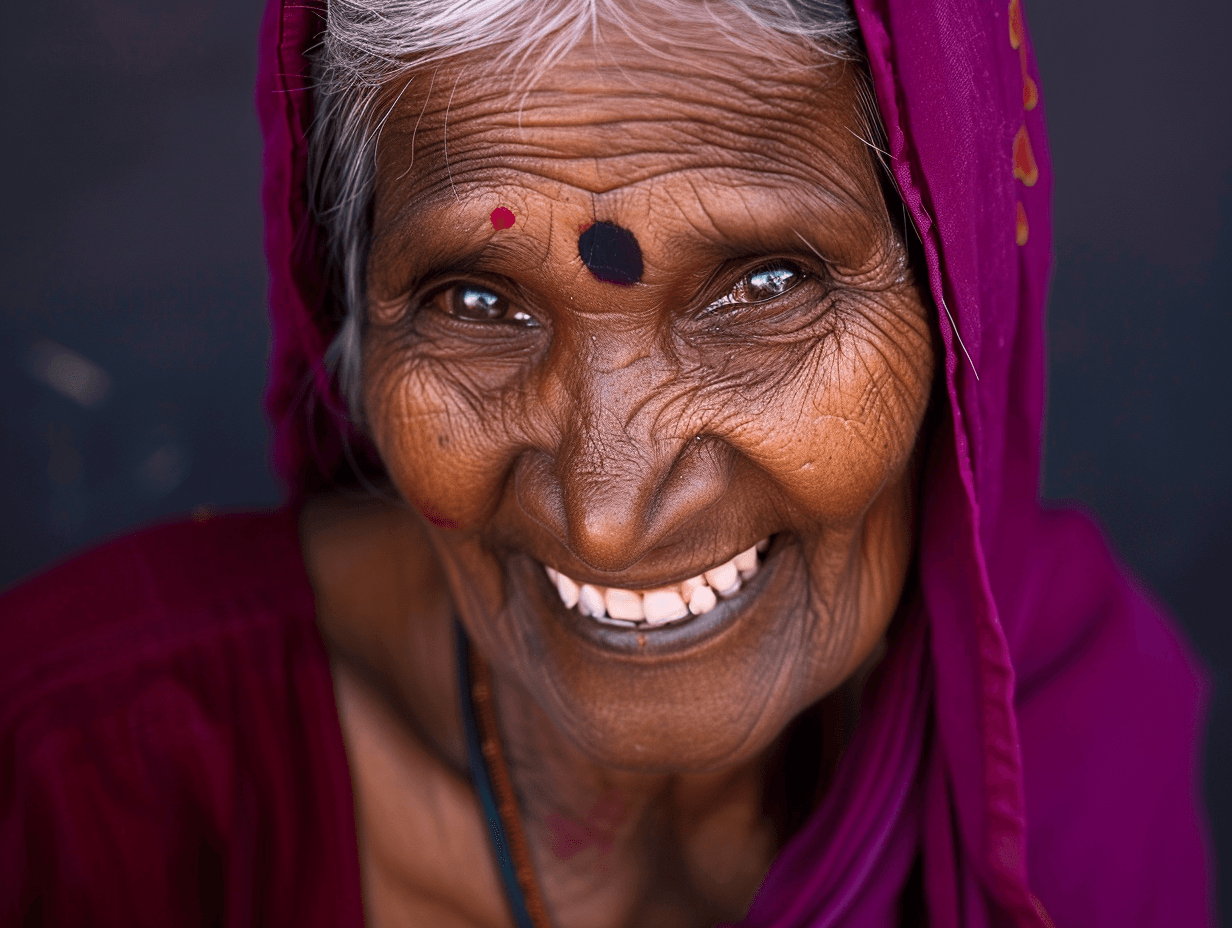 AI generated: portrait of an elderly Indian woman, radiant smile, weathered bronze skin, aubergine headscarf, crim...