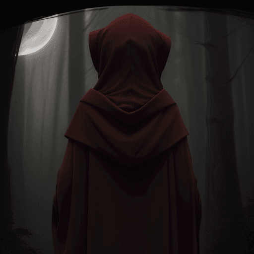 AI generated: A girl with green eyes and red hair in a brown robe with a hood on her head, viewed from the back, h...