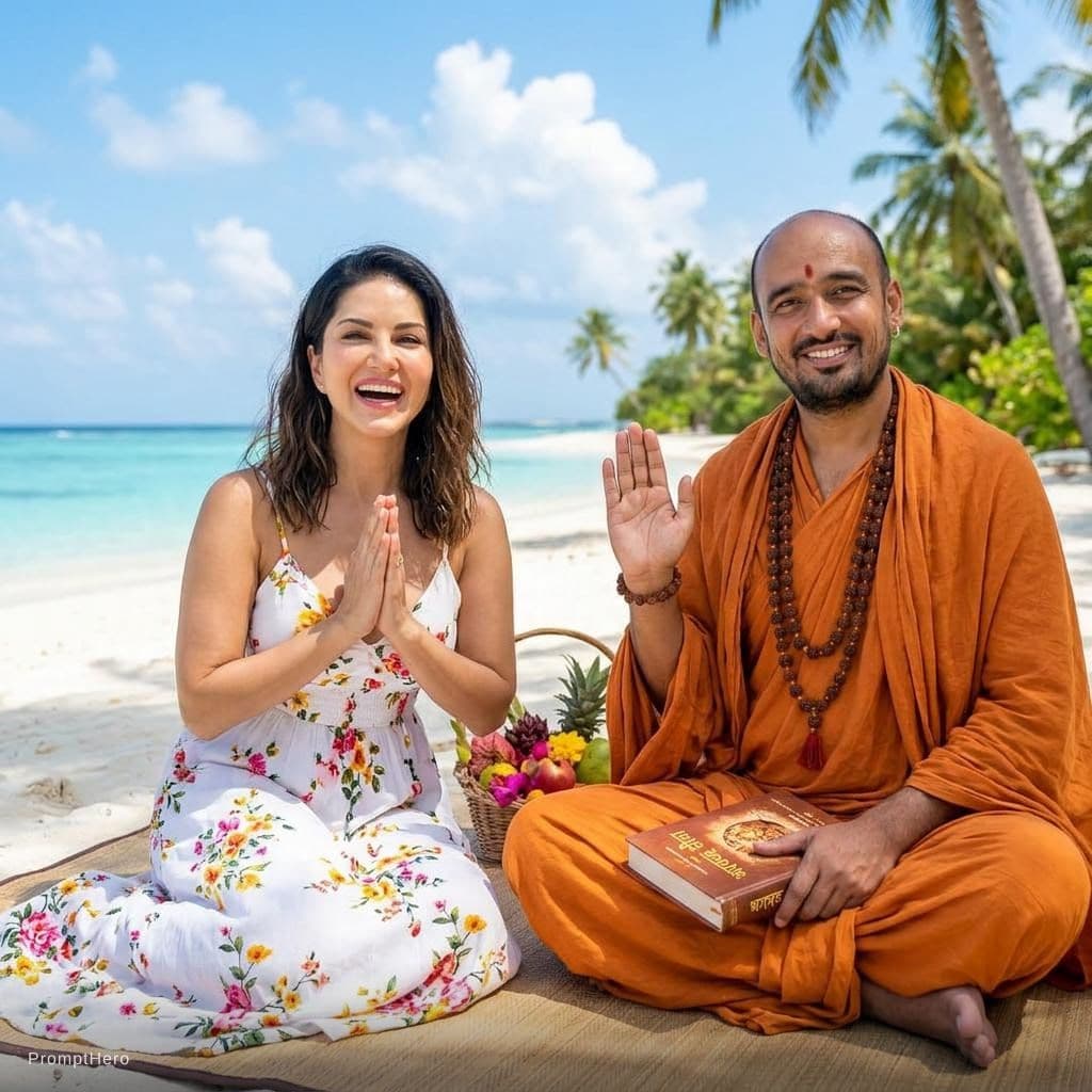 AI generated: with sunny leoneat a tropical beach, sunny day, both smiling