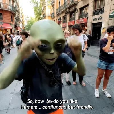 AI generated video: POV iPhone video continues in the streets of Madrid. The man interviews the Martian tourist, asking ...