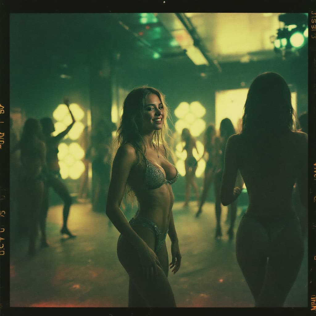 AI generated: Full body view Candid 35mm Polaroid of a group of gorgeous girls partying at a dance club. They look...