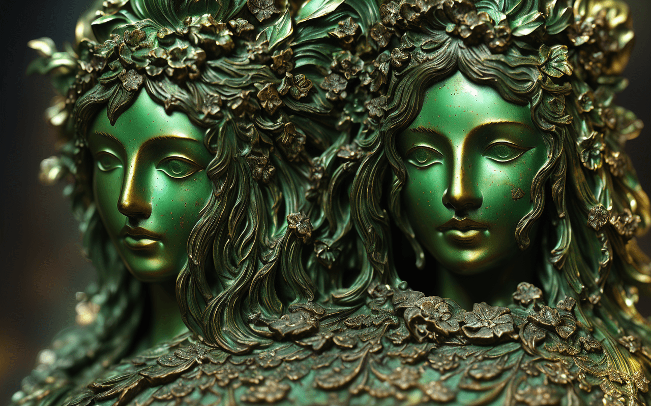 AI generated: barocco,interior statue venera,detailed hair,portrait,closeup,abrasions,decorative bronze,( green pa...