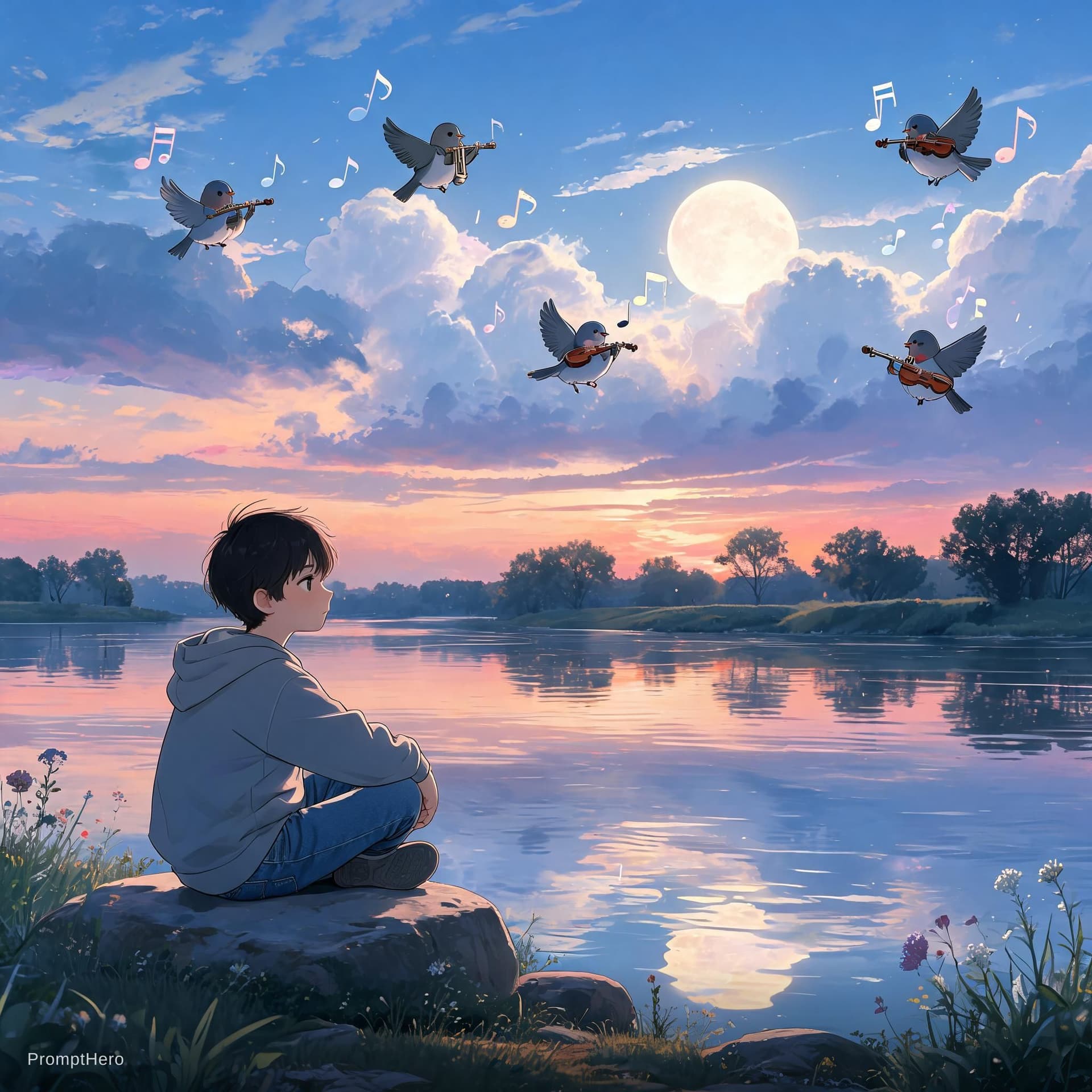 AI generated: a boy sitting at cool and clam nature on riverside with moonlight , some birds and clouds playing mu...