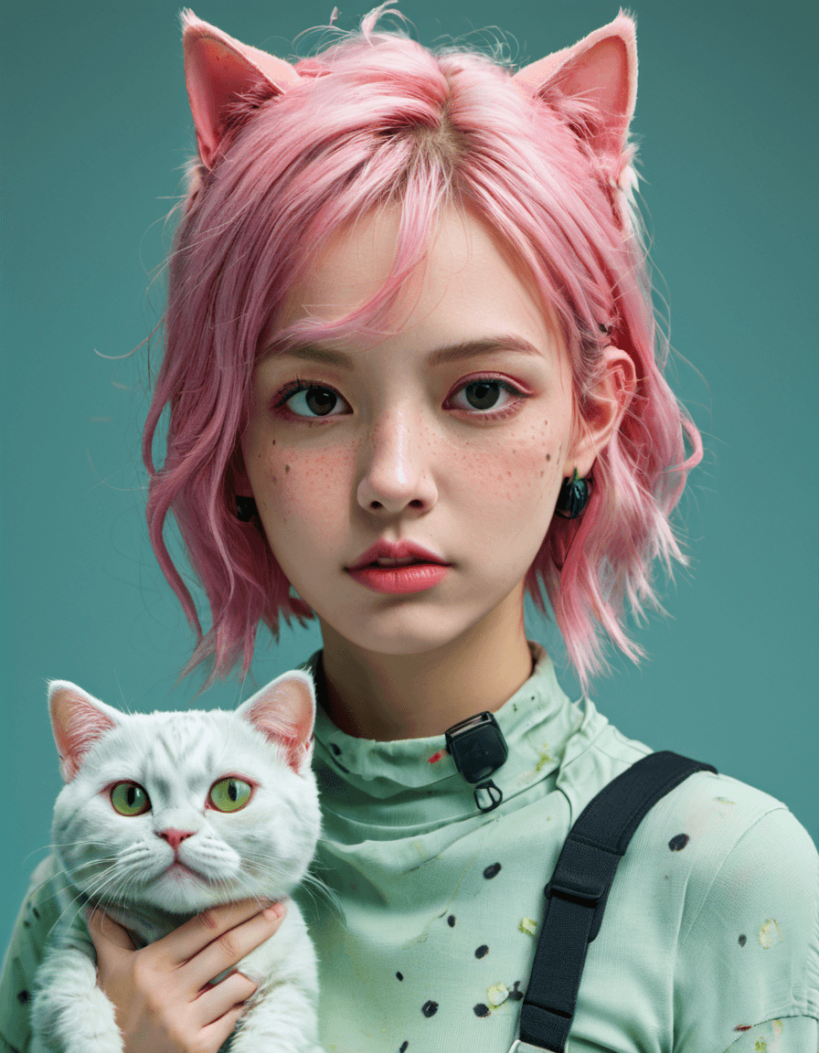 AI generated: Girl with vibrant pink hair. The illustration should be executed in the distinctive Flat shading sty...
