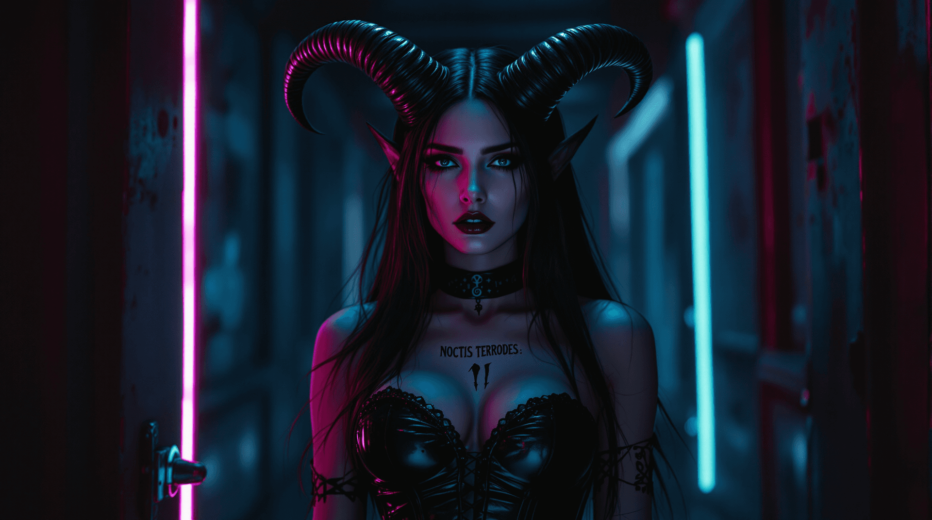 AI generated: A record-album cover, fantasy art: A powerful yet vulnerable female demon, reminiscent of Beksiński'...