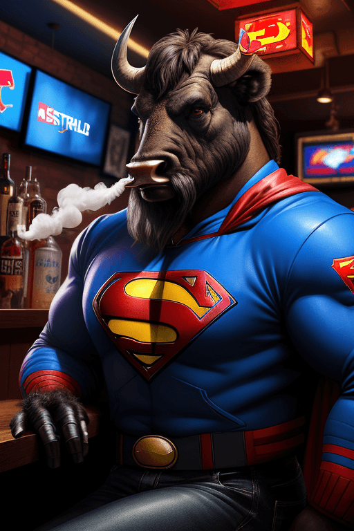 AI generated: A buffalo is smoking in a bar, hyperrealistic futuristic buffalo wearing superman jacket, , 8k, arts...