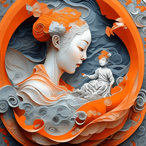 AI generated: nativity,artgerm and ben lo and mucha, orange clouds, female water elemental, lots of swirling, grey...