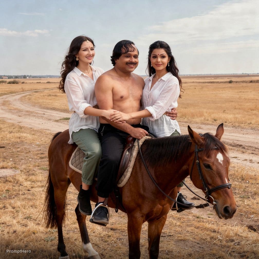 AI generated: Three people in clothes shown in image riding on a single horse man seat between two girls and hold ...