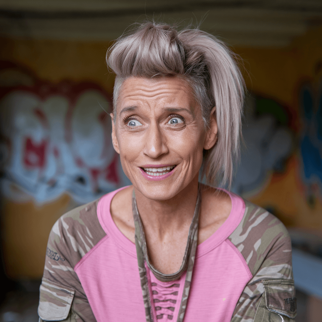 AI generated: A body complete photo  mature woman with punk hair style, wearing pink army sleeves with long neckli...
