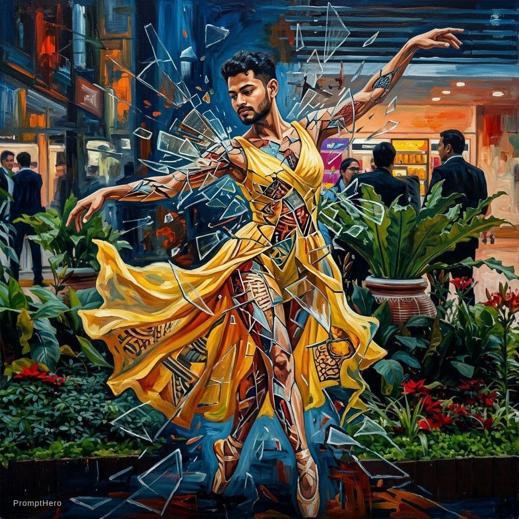 AI generated: a painting of a woman wearing a yellow dress, in the style of joram roukes, dance, neil gaiman, grac...