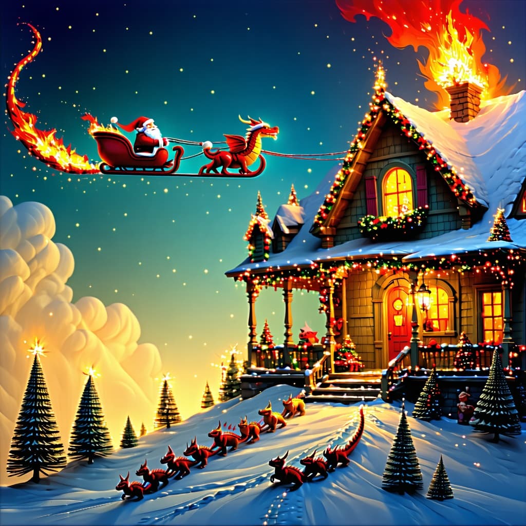 AI generated: Psychedelic, surreal Christmas card Santa Claus in sled  flying over a house with a fire dragon, and...