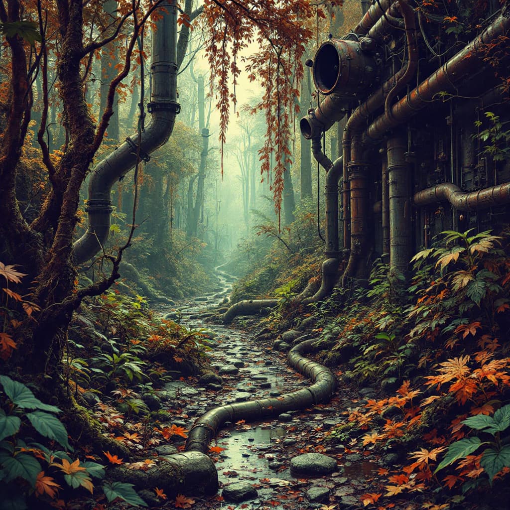 AI generated: steanpunk, iron, pipes, tubes, psycodelic, sci-fi, forest, leaves, van gog style