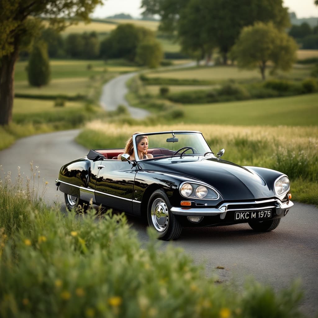 AI generated: gorgeous lady driving ,the Citroën DS 19 black Convertible, in the countryside, 