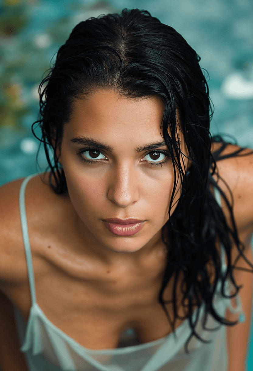 AI generated: Create a professional photograph from above of a woman with wet dark hair, suggesting she may have b...