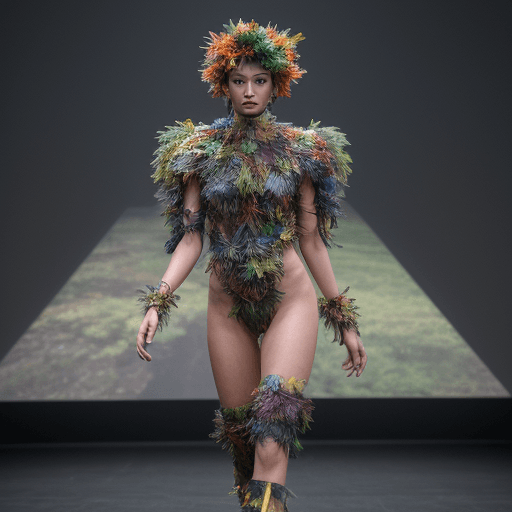 AI generated: A human model in costume that mimics nature infrastructure , 4K, The Runway of Human models , a virt...
