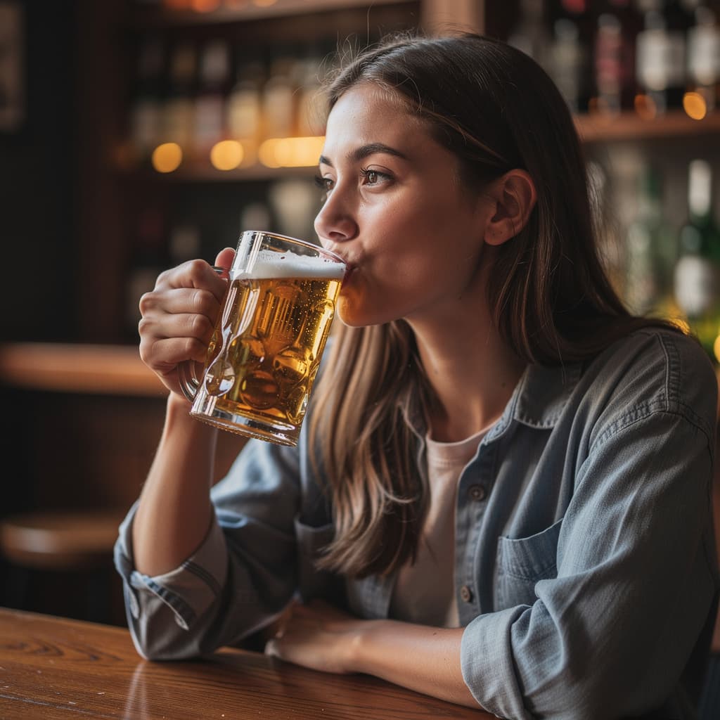 AI generated: A girl drinking bear 