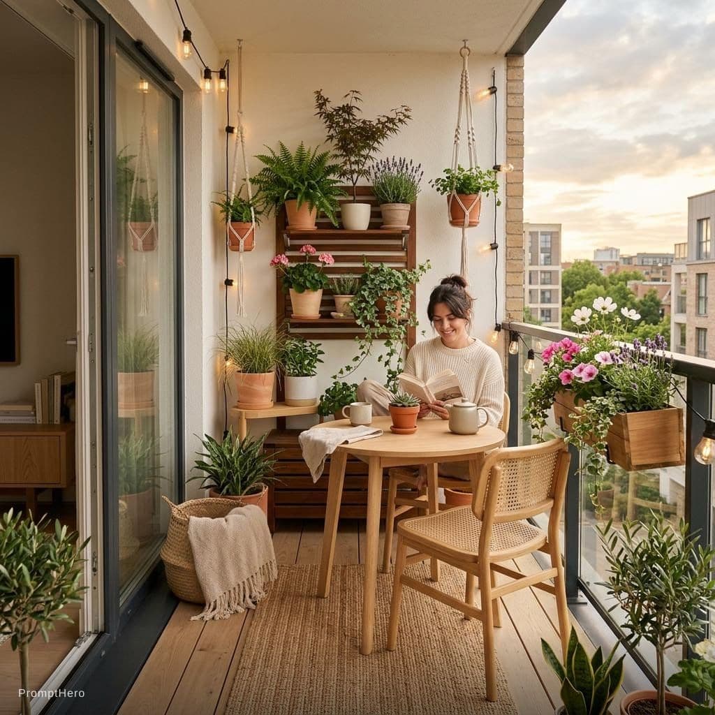AI generated: create a a balcony 
 cosy japandi for a new appartement 8 square meter with flowers, a table, and ch...