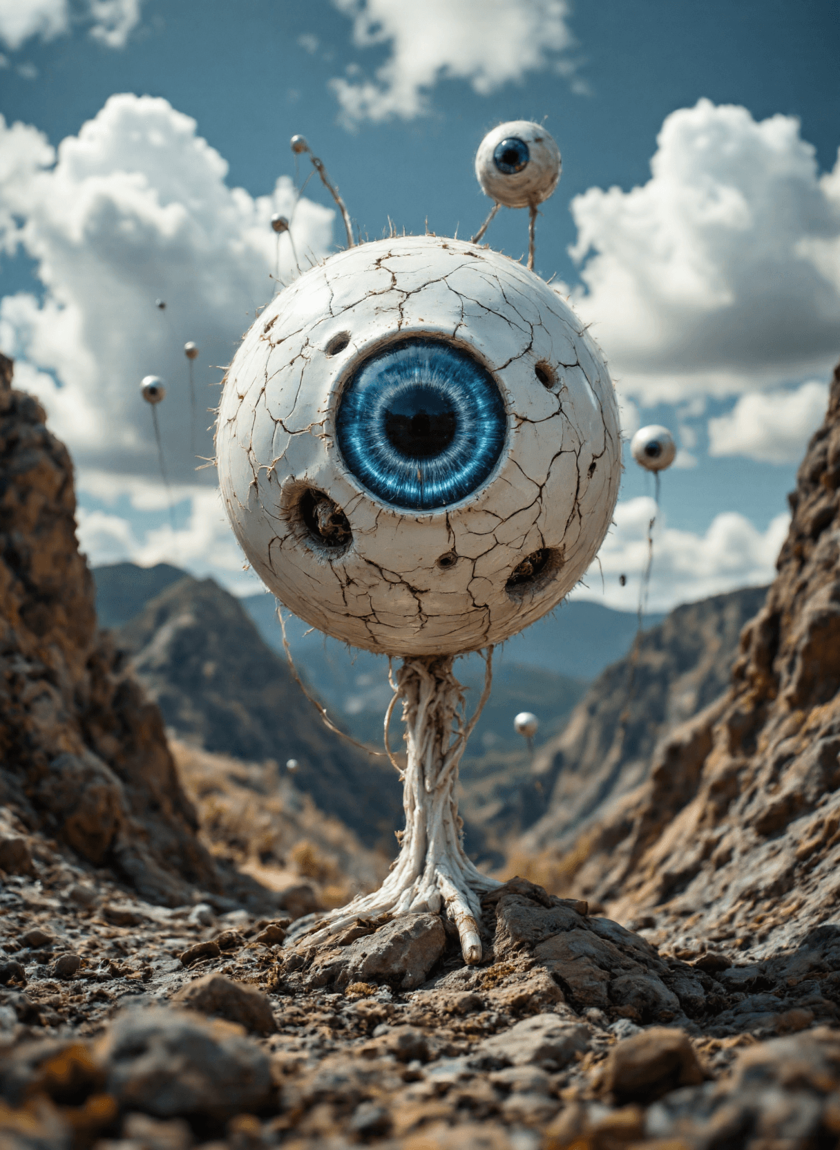 AI generated: The image depicts a surreal landscape with an oversized human eyeball as its central feature. The ey...