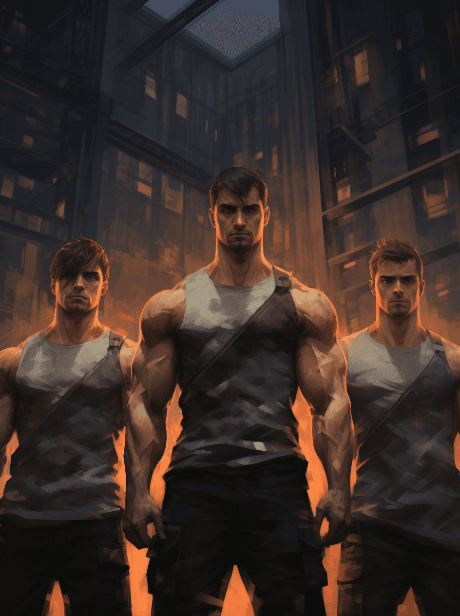 AI generated: Four men standing in front of a city looking like they are working out, in the style of devilcore, i...