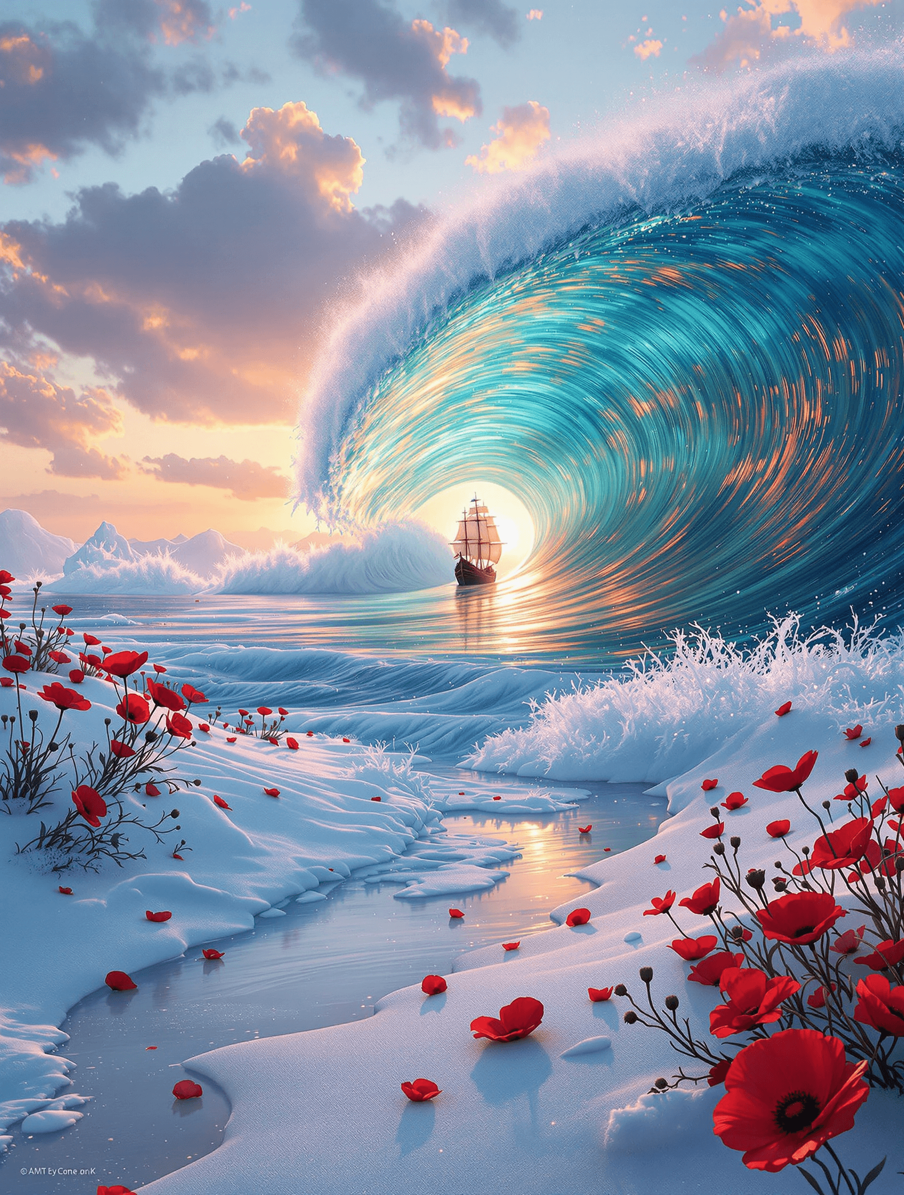 AI generated: A **surreal and fantastical seascape**, where a **massive wave forms a tunnel-like structure**, its ...