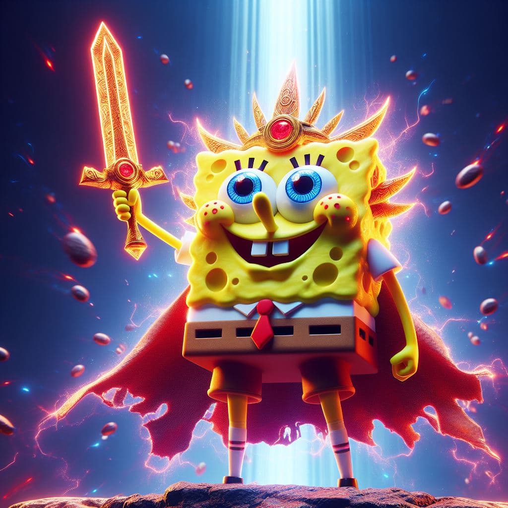 AI generated: Spongebob is the mightiest god with a sword, red eyes, heroic pose, divine and celestial light, mast...