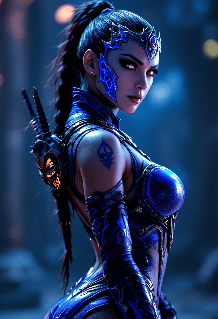 AI generated: Ultra high detail hyper-realistic Low profile hint of futuristic of Kitana from mortal kombat posing...