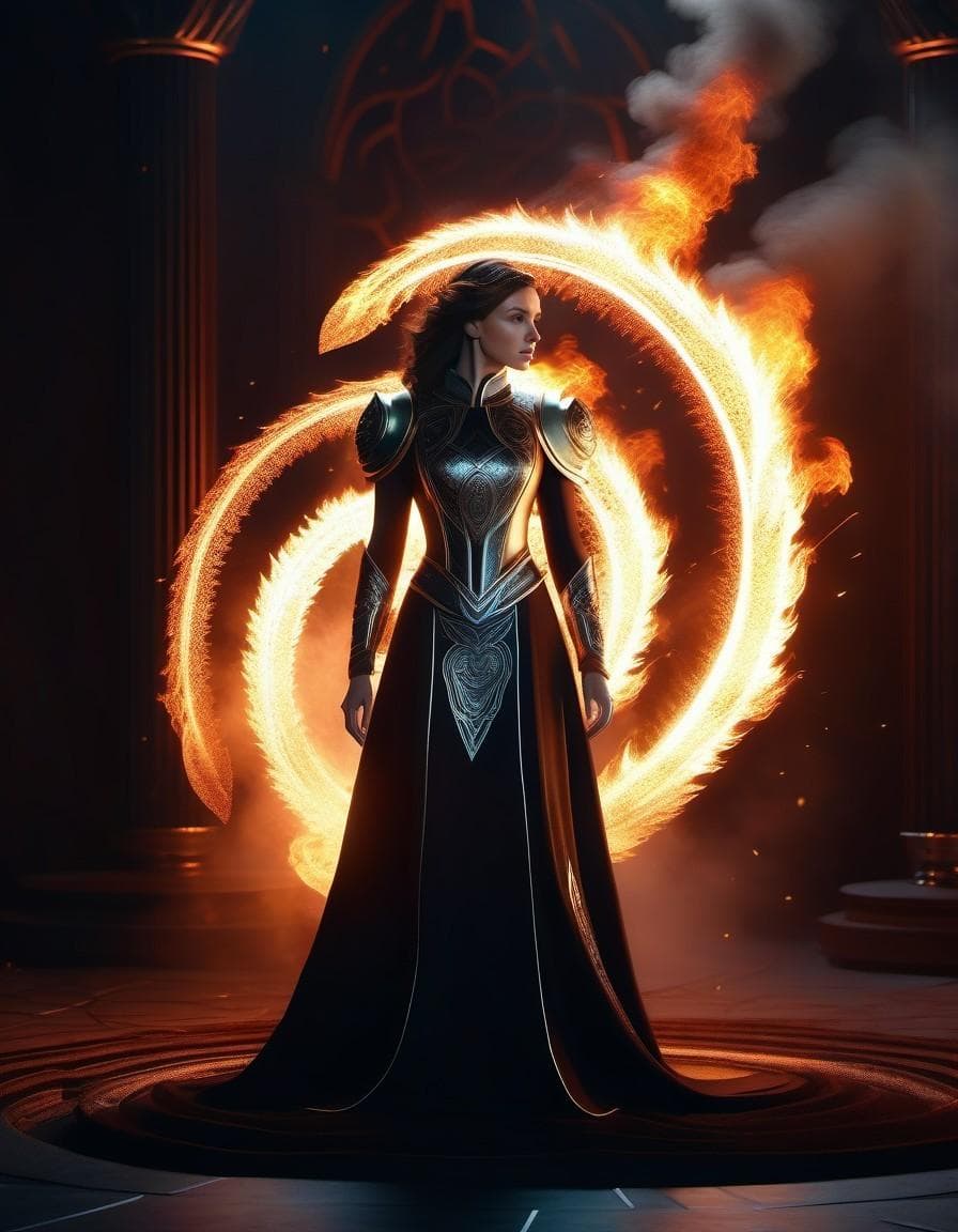 AI generated: young beautiful Queen of the fire standing on ground in spiral flame fog background, glorious, full ...
